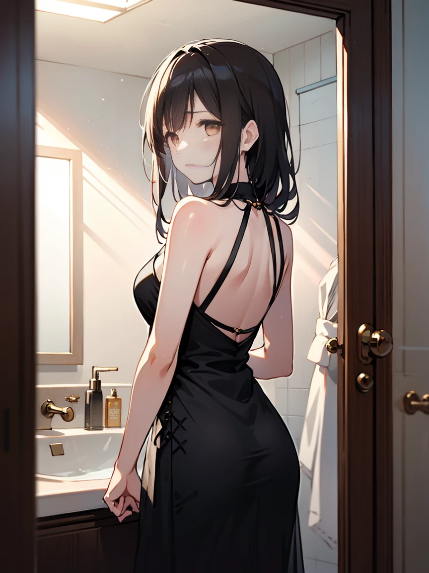 Game style、Beautiful woman、28age、Draw a scene of Misaki standing in front of the bathroom mirror.。Misaki is wearing a transparent black dress with a light mist-like texture.。The dress symbolized her loneliness.、It gives a heavy yet ephemeral feeling.。Her expression is sad and introspective.、I'm looking at myself in the mirror。The background is a simple and contemporary bathroom.、The soft morning light shines in、There's a little bit of steam。The cityscape is faintly reflected in the mirror.。