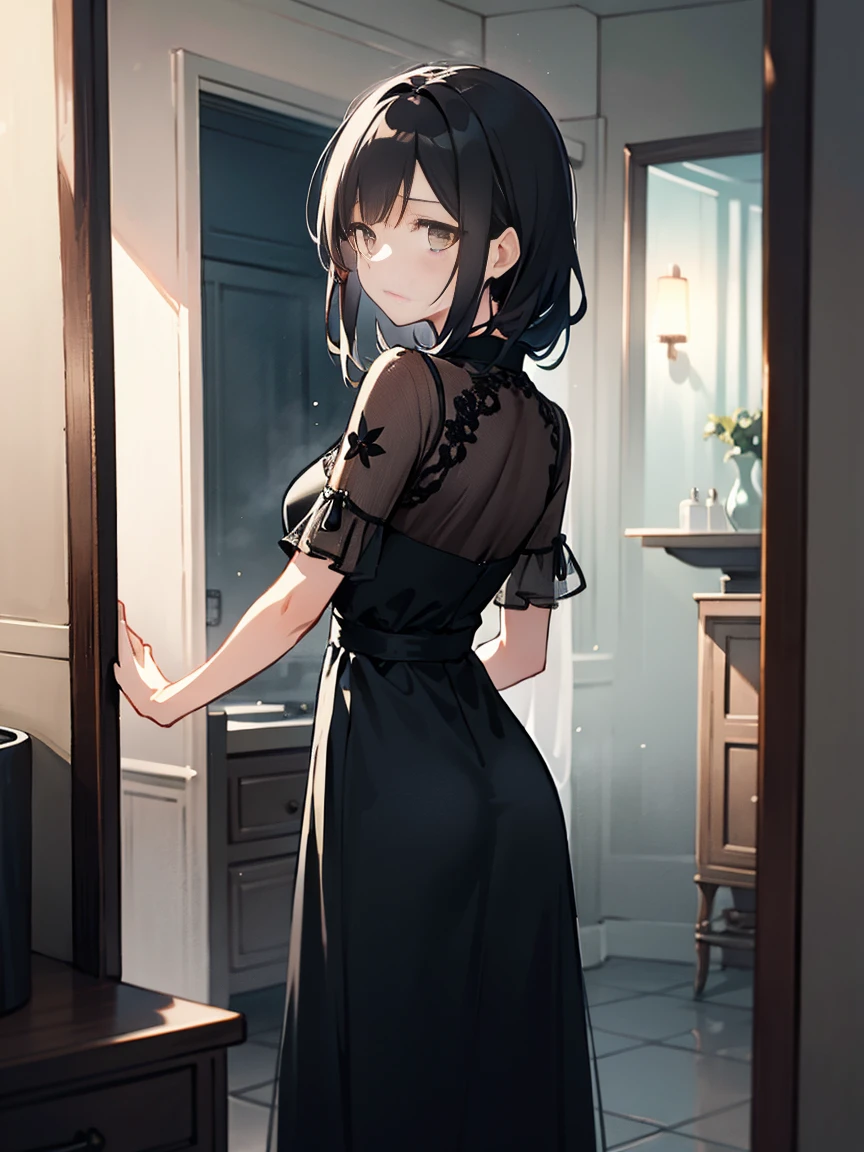 Game style、Beautiful woman、２８age、Draw a scene of Misaki standing in front of the bathroom mirror.。Misaki is wearing a transparent black dress with a light mist-like texture.。The dress symbolized her loneliness.、It gives a heavy yet ephemeral feeling.。Her expression is sad and introspective.、I&#39;m looking at myself in the mirror。The background is a simple and contemporary bathroom.、The soft morning light shines in、There&#39;s a little bit of steam。The cityscape is faintly reflected in the mirror.。