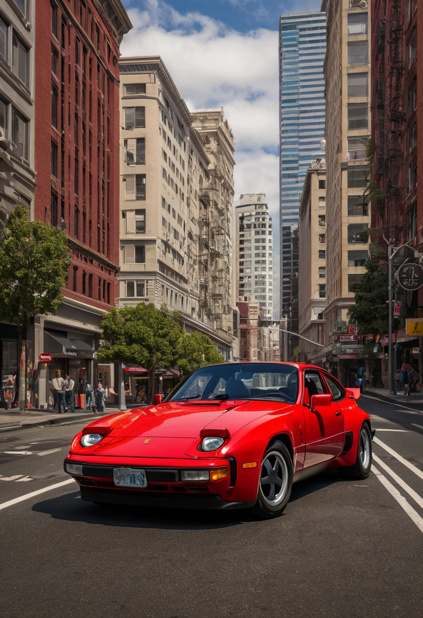 Create an ultra-realistic photograph of a red Porsche TURBO 944 driving down a busy San Francisco city street, circa 1986, captured from a high side angle above the vehicle. The scene must be from a 1980s movie and must capture the urban environment, with skyscrapers, traffic lights, and bustling pedestrians. The photo must be taken with a Canon EOS R5, emphasizing the high resolution and clarity (32k UHD). The background should include other vehicles, buildings and city life, creating a dynamic and lively atmosphere typical of a metropolitan area. Use a bokeh effect to highlight the red Porsche TURBO 944 while subtly blurring the background. The image should have a 1980s movie style, with vibrant colors and sharp details. The composition should follow a 9:16 aspect ratio, with the red Porsche TURBO 944 prominently in the foreground, drawing attention to its elegant design and powerful stance. Ensure reflections, shadows, and lighting are accurate to enhance realism.