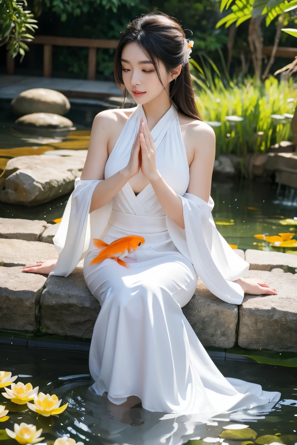 masterpiece, super realistic a beautiful woman in a discreet Zen costume, meditating in an elaborate Zen garden with a koi fish pond and lotus flowers; super detailed face, super realistic eyes and hands, smooth, best teeth, sparkling skin; big wise eyes; breathtaking-pure beauty-divine perfection-unforgettable, impressive presence; volumetric lighting, halos, rays, vivid color reflections, super detailed, super sharp, super realistic, 48K