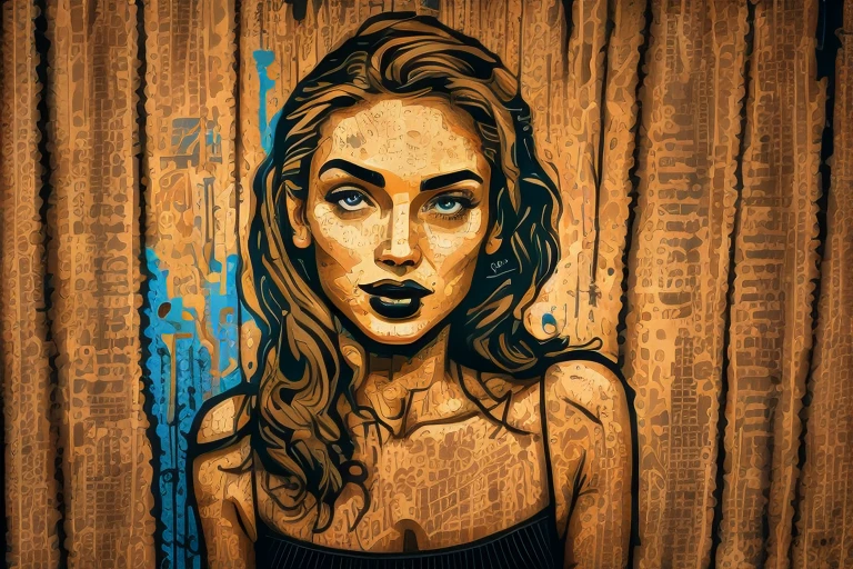 Style and Type: The image is a mural painted on an exterior wall. Layout: The mural occupies a large portion of the wall, with the subject's face and upper body prominently displayed. Subject: The mural features a stylized portrait of a woman with long, flowing hair. Facial Features: The woman's face is depicted with high contrast, using black and beige tones to create a striking visual effect. Skin Color: The skin is represented in a beige tone, contrasting with the black outlines and details. Unique Attributes: The mural has a bold, graphic style with intricate details in the hair and facial features, giving it a dynamic and expressive appearance. There are no visible text or logos in the image.