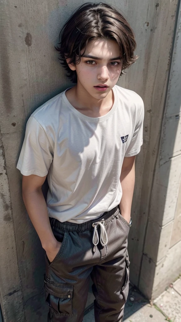 A age boy with chocolate brown hair, and dark, perky-shaped eyes, encistado no muro da school all pissed off, He is wearing a loose white t-shirt and light denim cargo pants, he has a good body care, with a triangular shaped face, He doesn't have a beard, but he has a little mustache, he has a beautiful smile, and a neutral white skin, he is already a teen and he is tall, with the center part mullet haircut, He is very tall