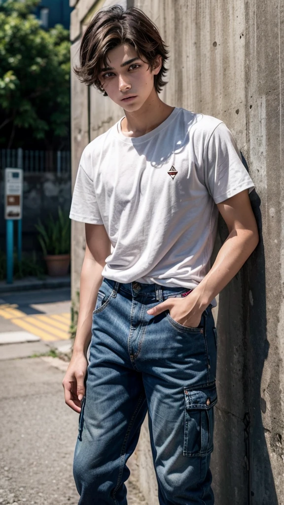 A age boy with chocolate brown hair, and dark, perky-shaped eyes, encistado no muro da school all pissed off, He is wearing a loose white t-shirt and light denim cargo pants, he has a good body care, with a triangular shaped face, He doesn't have a beard, but he has a little mustache, he has a beautiful smile, and a neutral white skin, he is already a teen and he is tall, with the center part mullet haircut, He is very tall
