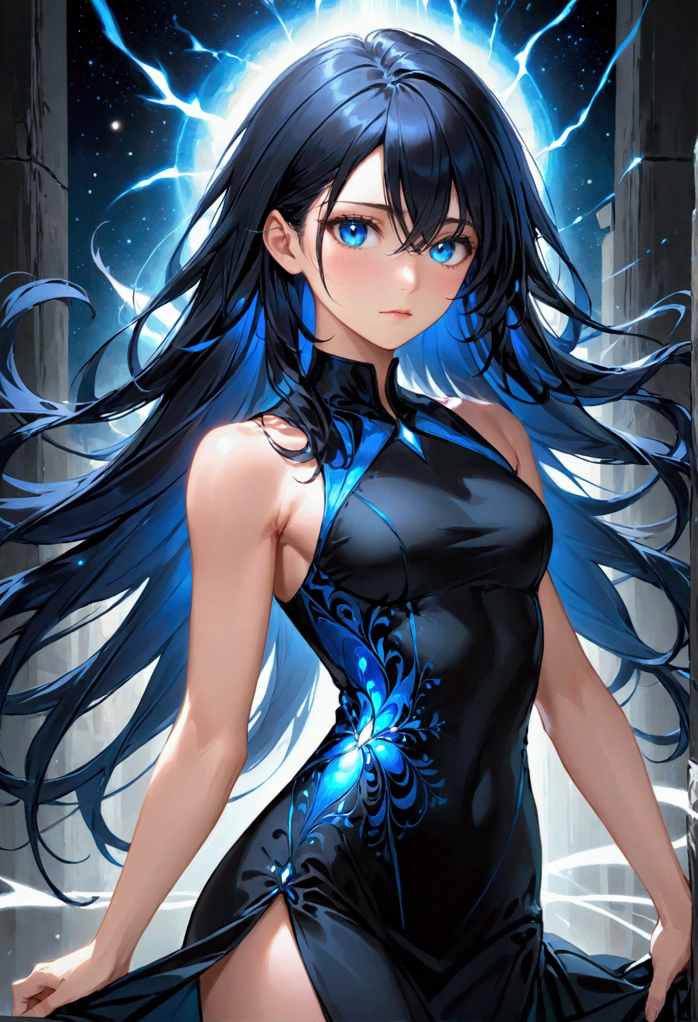 long black hair with inner dark blue hair, dark blue eyes,athletic body, elegant black dress,