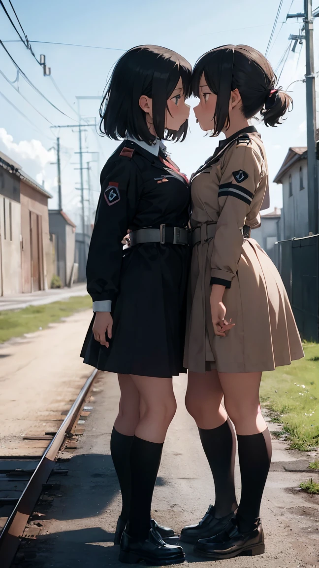 gestapo, female lesbian kawaii sisters kissing in Auschwitz concentration camp, wearing  SS uniforms. 8k. masterpiece. best quality