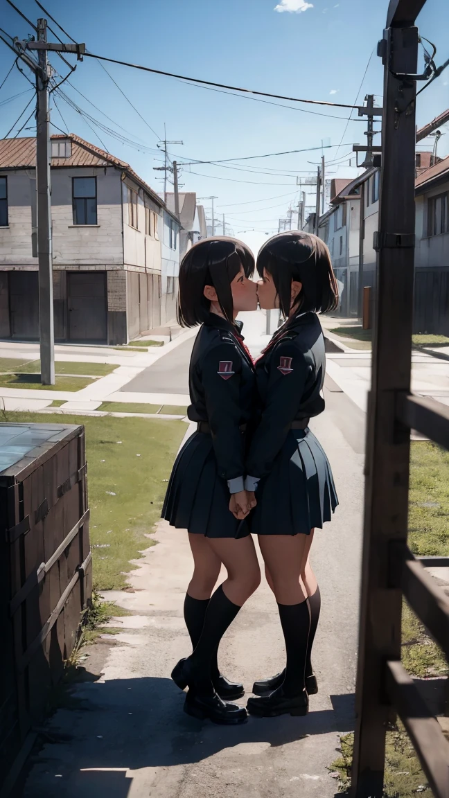 gestapo, female lesbian kawaii sisters kissing in Auschwitz concentration camp, wearing SS uniforms. 8k. masterpiece. best quality
