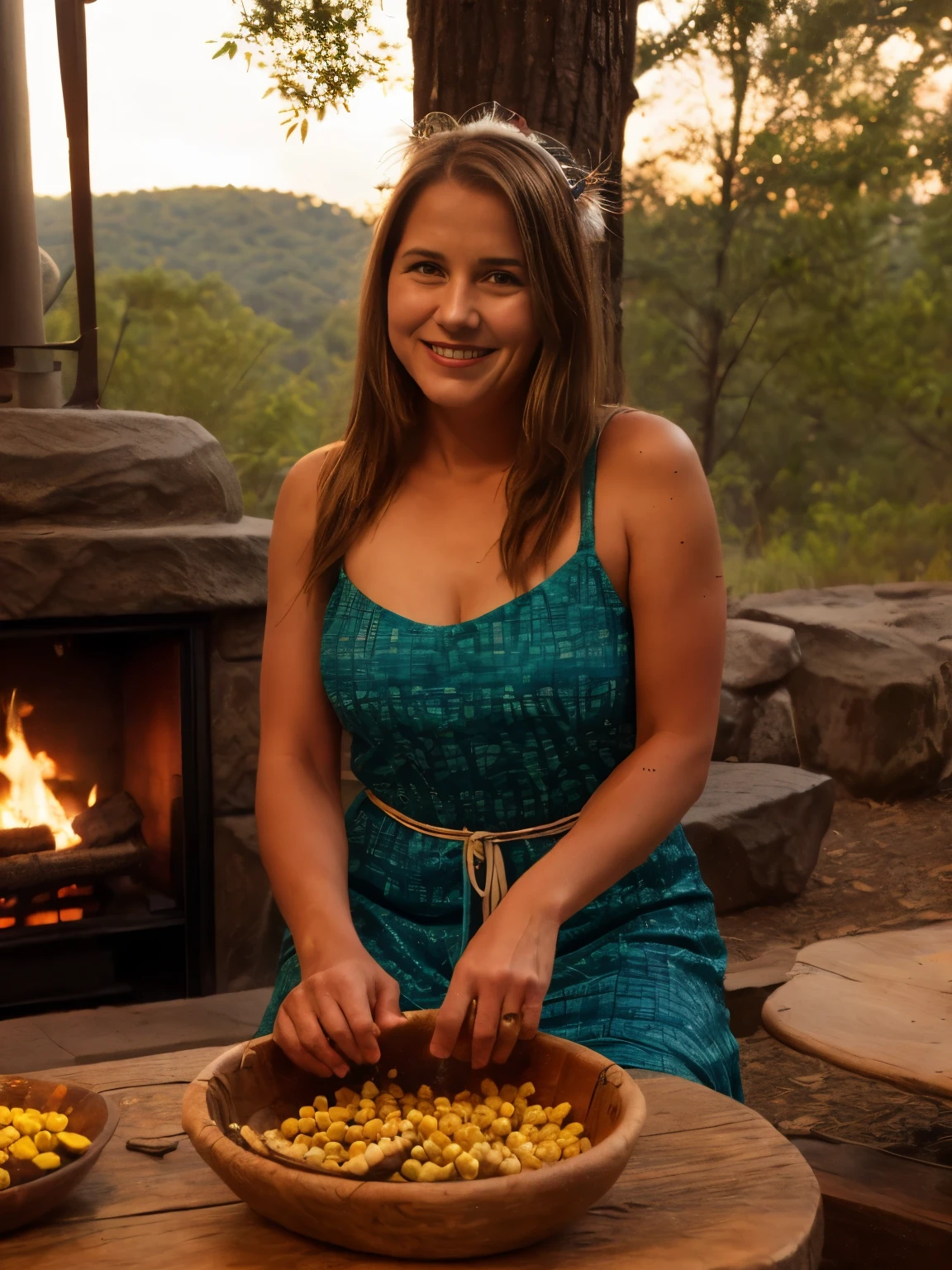 Cherokee Feast in the 1400s
Prompt:
A serene evening feast with the Cherokee tribe in the lush forests of the Appalachian Mountains, set in the 1400s. The Cherokee woman, slightly smiling and looking at the camera, wears a traditional cotton dress adorned with intricate beadwork and hand-stitched patterns using natural dyes. Her hair is styled with woven grass headbands and adorned with feathers. She is surrounded by family members dressed in similar traditional attire, featuring moccasins made from deerskin and decorated with beadwork.
The cooking area includes a large hearth made of stone surrounded by wooden benches and woven mats. The menu features traditional Cherokee dishes such as venison cooked over open flames, corn on the cob roasted in husks, and bean bread cooked on hot stones. Large clay vessels filled with hominy and wild greens are placed on a wooden table, along with bowls of berries and nuts.
The backdrop features tall oak and pine trees under a sky filled with the soft glow of the setting sun. Traditional Cherokee baskets and pottery with intricate designs decorate the area, enhancing the cultural richness. Guests engage in lively conversations, sharing stories and laughter, while traditional Cherokee music with flutes and drums creates a festive atmosphere.
Items/objects/tools: stone hearth, wooden benches, woven mats, venison, corn on the cob, bean bread, hot stones, hominy, wild greens, wooden table, berries, nuts, oak trees, pine trees, cotton dress, beadwork, feathers, moccasins, storytelling, flutes, drums, baskets, pottery, natural dyes, woven grass headbands.