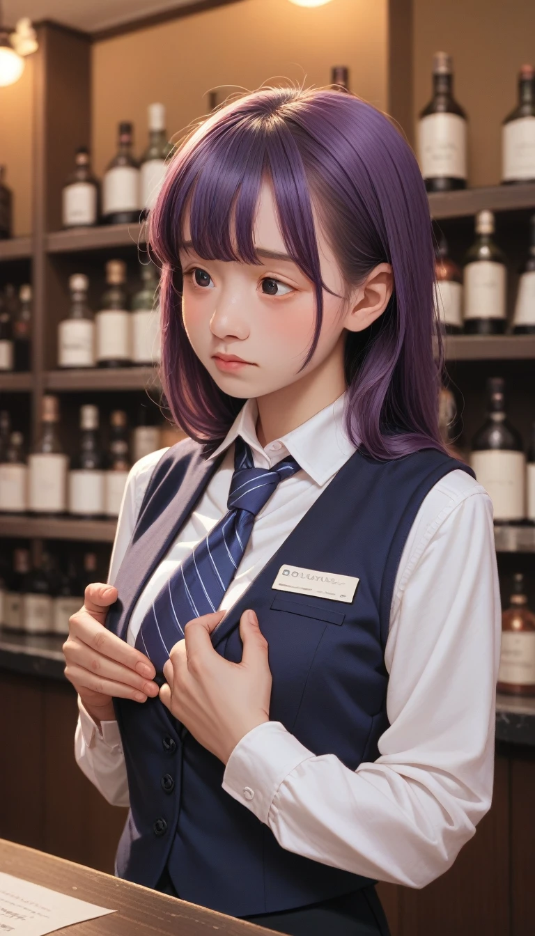 score_9_up, score_8_up, score_7_up, 1 Girl, Solitary, Bangs, blush, Place your hands on your chest, Jill Stingley, Long sleeve, Looking at the audience, Purple Hair, Medium breasts, tie, shirt, Solitary, Upper Body, Vest, Bartender, Vest, white shirt,