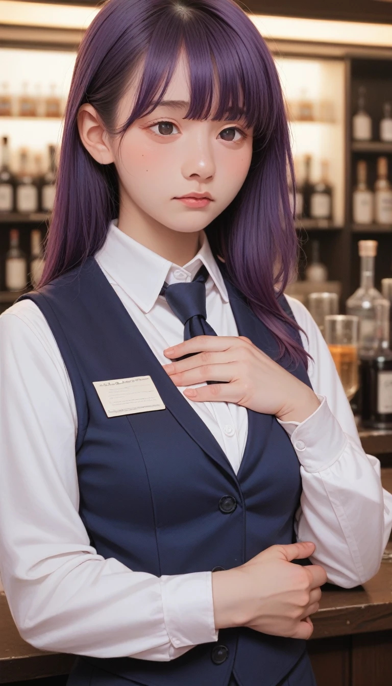 score_9_up, score_8_up, score_7_up, 1 Girl, Solitary, Bangs, blush, Place your hands on your chest, Jill Stingley, Long sleeve, Looking at the audience, Purple Hair, Medium breasts, tie, shirt, Solitary, Upper Body, Vest,  Bartender, Vest, white shirt,