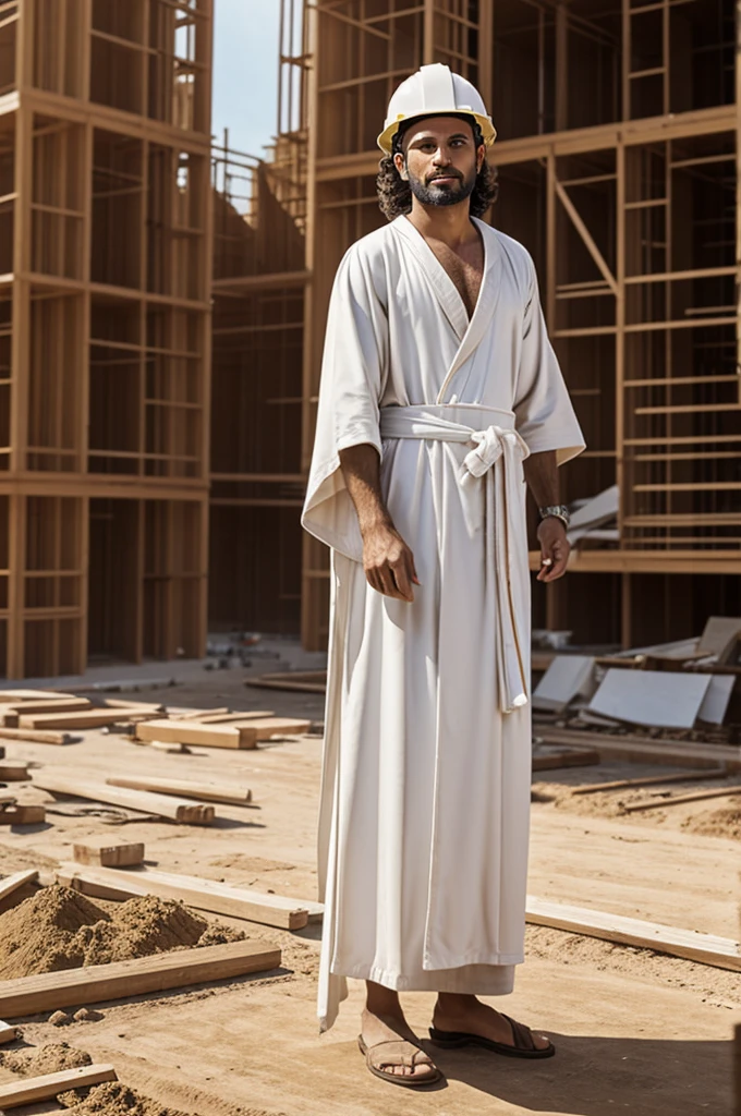 Biblical person in robe working on a construction site 