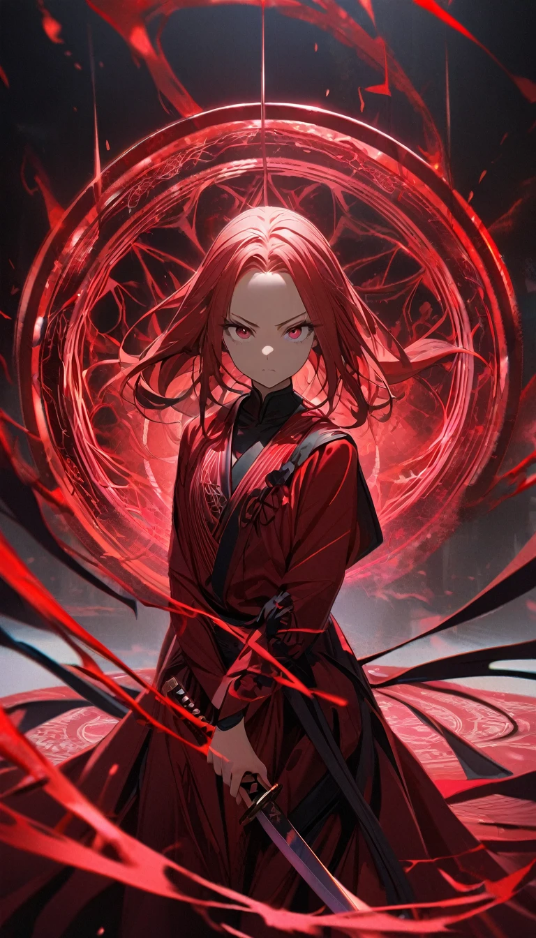 1girl,red curtain hair forehead,small eyes,,long face,glowing katana, japanese ,red glowing eldritch magic circle, serious, perfect body,looking down at the viewer,8k,high definition,