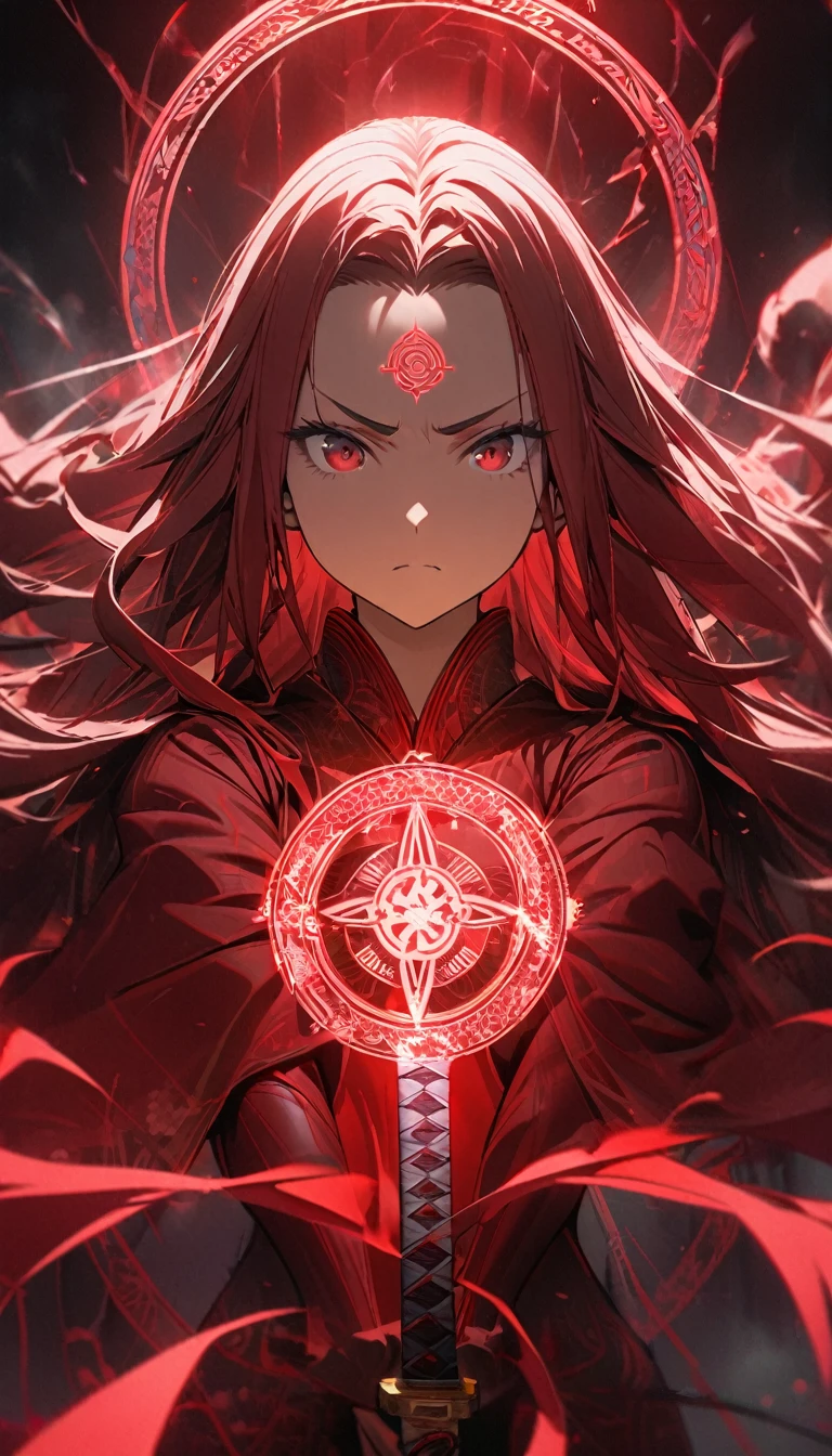 1girl,red curtain hair forehead,small eyes,,long face,glowing katana, japanese ,red glowing eldritch magic circle, serious, perfect body,looking down at the viewer,8k,high definition,