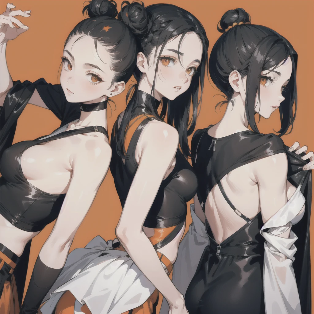 2 women,Gemini images,Sets of clothes with different nuances,Two women with black hair, Bun Hair, Twins image,Orange background、Close-up of face