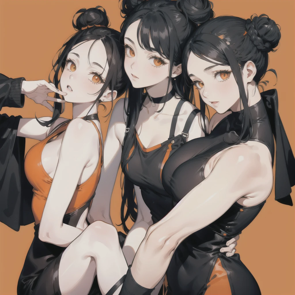 2 women,Gemini images,Sets of clothes with different nuances,Two women with black hair, Bun Hair, Twins image,Orange background、Close-up of face