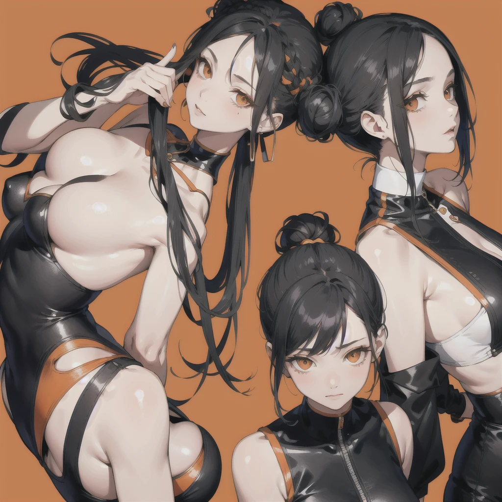 2 women,Gemini images,Sets of clothes with different nuances,Two women with black hair, Bun Hair, Twins image,Orange background、Close-up of face