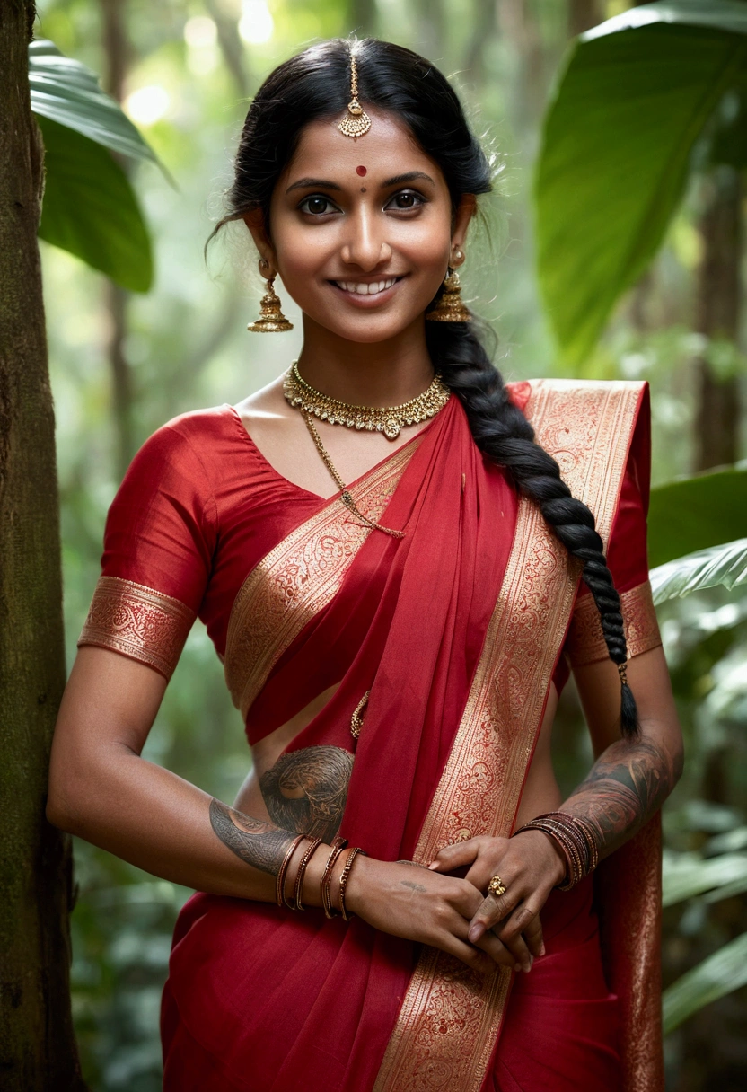 Close up, 29 year old indian woman, thin red silky saree, oily body, long dense braided hair, tropical forest, ultra realistic, realism, cute, charming, day time, tattooed body, medium height, big eyes, Indian traditional style saree, ambient lighting, perfect anatomy, detailed body and face, 8K, Masterpiece, RAW photo, Best quality, Photorealistic, Extremely detailed CG Unity 8K wallpaper, Noval Showing, Most Beautiful smile, ((smile:1.2)), ((No need thighs expose)),