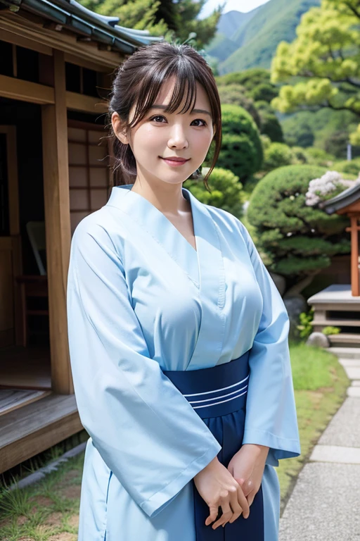 Japanese おばあちゃん, (8K, top quality, high definition, the best masterpiece, bright lighting, smooth professional lighting, face light, small breasts, balance carefully, camera gaze, bilateral symmetrical eyes, smile, realistic skin, perfect model body type, photorealistic, raw photo, Grandmother in Japan, 100 years old, upper body Images, front pose)、Grandmother standing in front of her house、A house in the mountains、forest、river、