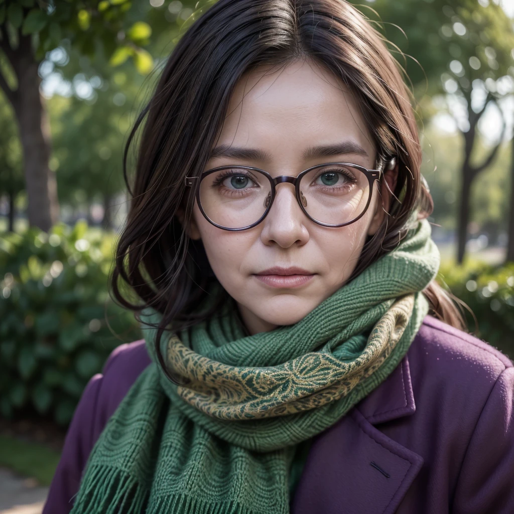 a portrait of an elderly woman wearing glasses and a scarf, in a purple coat and green scarf, standing in a park, masterpiece, best quality, 8k, hyperrealistic, photorealistic, hyper detailed, cinematic lighting, vibrant colors, intricate textures, dramatic composition, beautiful elderly woman, intricate details in face and clothing, stunning park environment, lush foliage, warm lighting, glowing skin tones, delicate fabric folds, captivating gaze, emotive expression