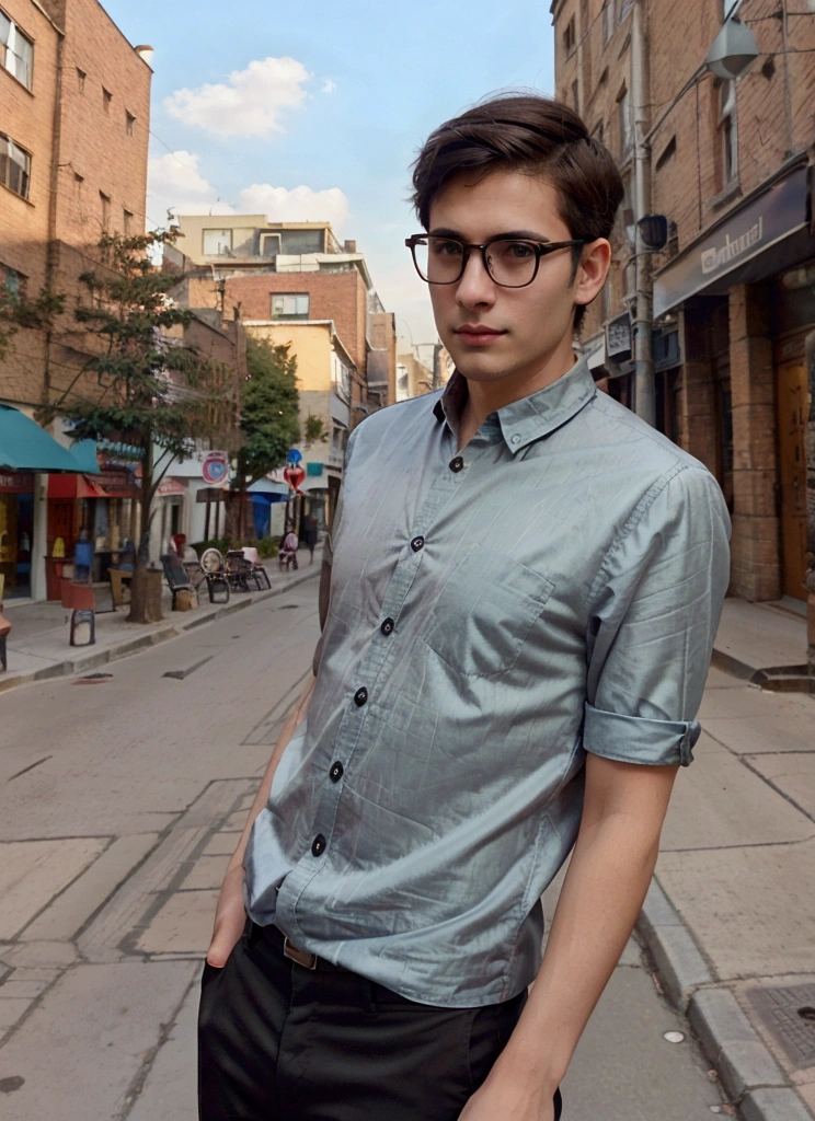 Dark-haired man with short hair, with glasses, slim handsome young man about 25 years old taking selfie realistic 18k, in a street, high quality background