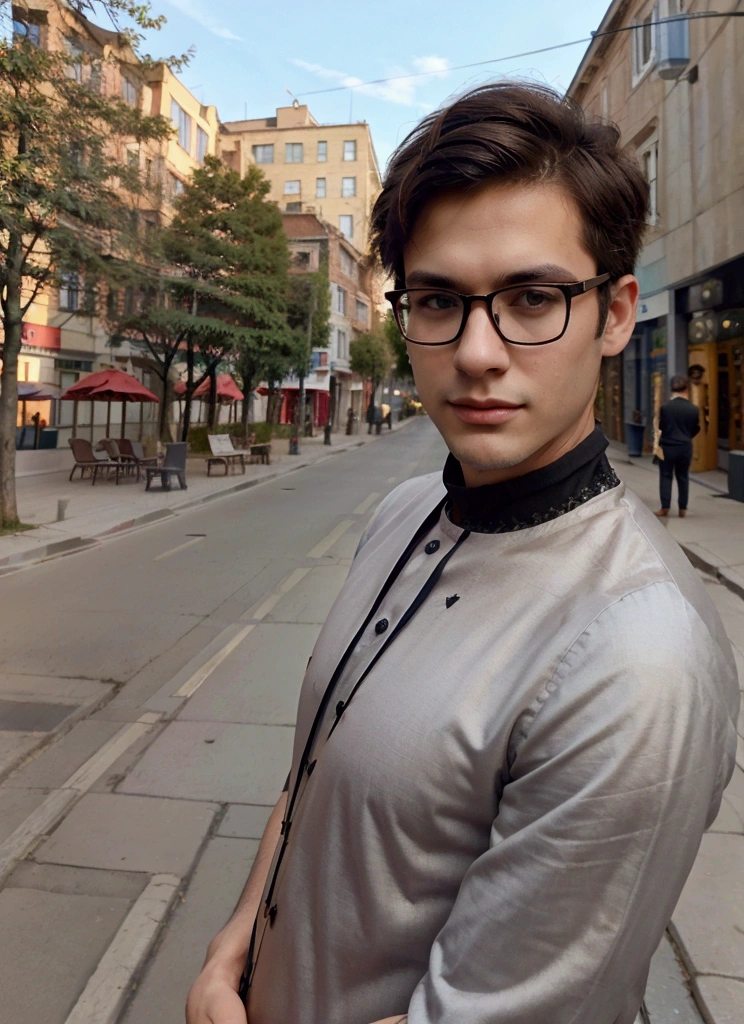 Dark-haired man with short hair, with glasses, slim handsome young man about 25 years old taking selfie realistic 18k, in a street, high quality background
