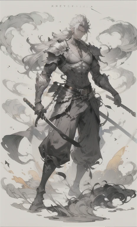 1 boy, weapon, focus man, , long hair, , , holding a sword, , , stand, armor, gray hair, sheath, breast, , belt, sheath, shoulder armor, full body, smoke, facial hair, decorations, trousers, conjunctivitis, , stalwart, ,,
FH
