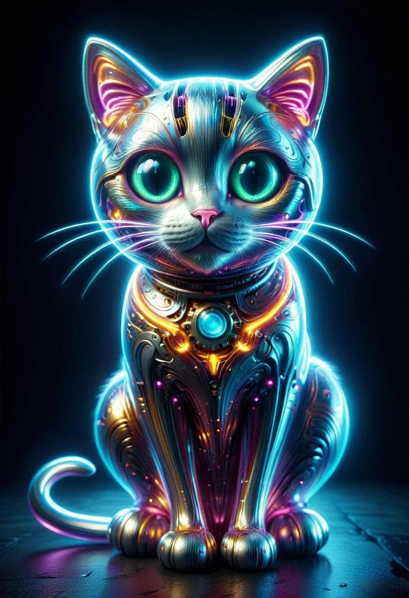 (mechanical cute cat:1.5), (mythical machinery), (mechanobiology), ethereal, phantom, transparent, bioluminescence, divine light, fluorescence, charming, mysterious, bright colors, detailed details, lifelike, epic technological fantasy, epic surrealism, epic future fantasy, bright colors,