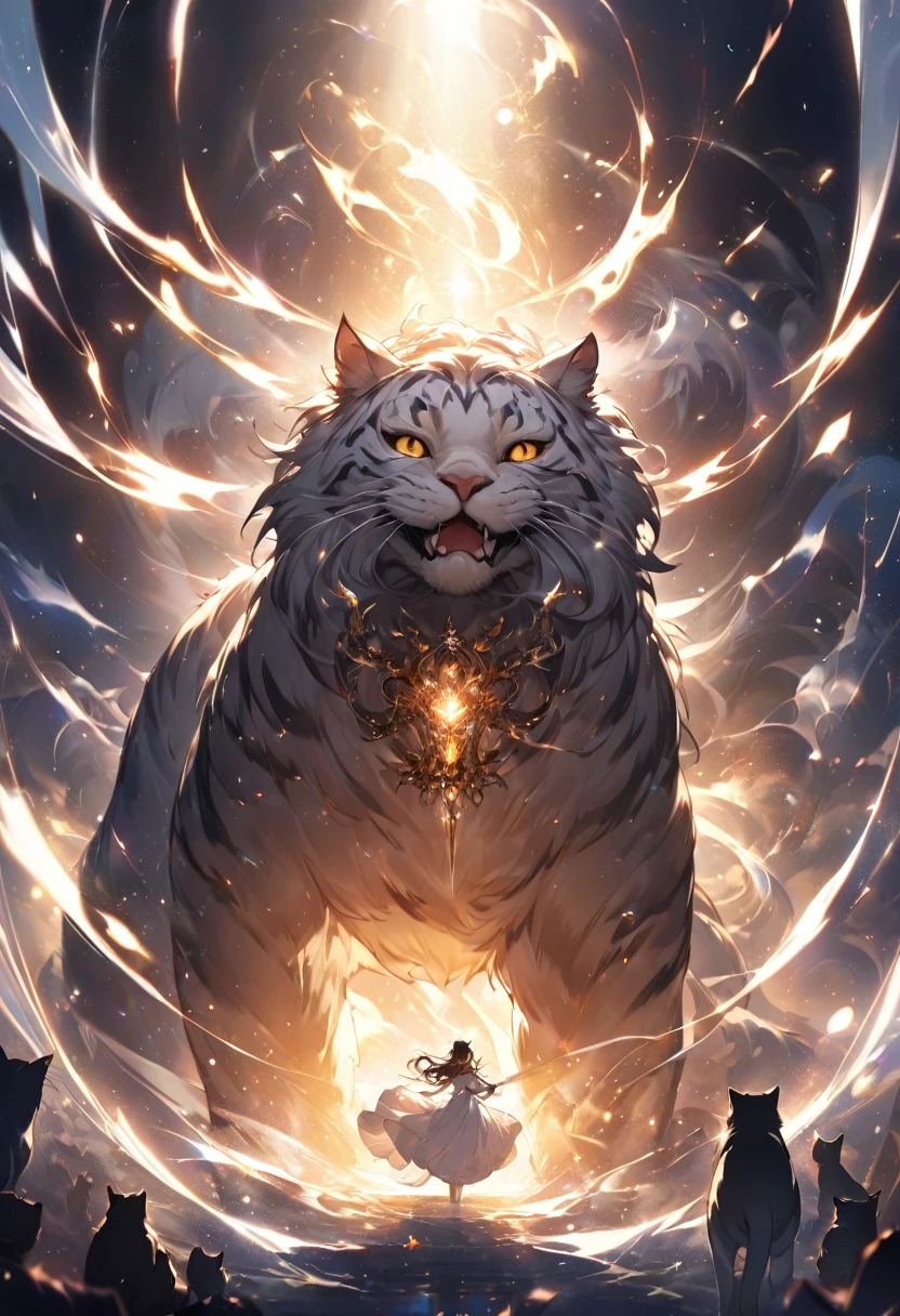 Highest quality, Highest quality, 16K, Unbelievably absurd, Very detailed, delicate and dynamic, Natural light, The particles reflect light, Diffuse reflection of light, Vortex of Light, magical, spooky, super big cat, god of cats