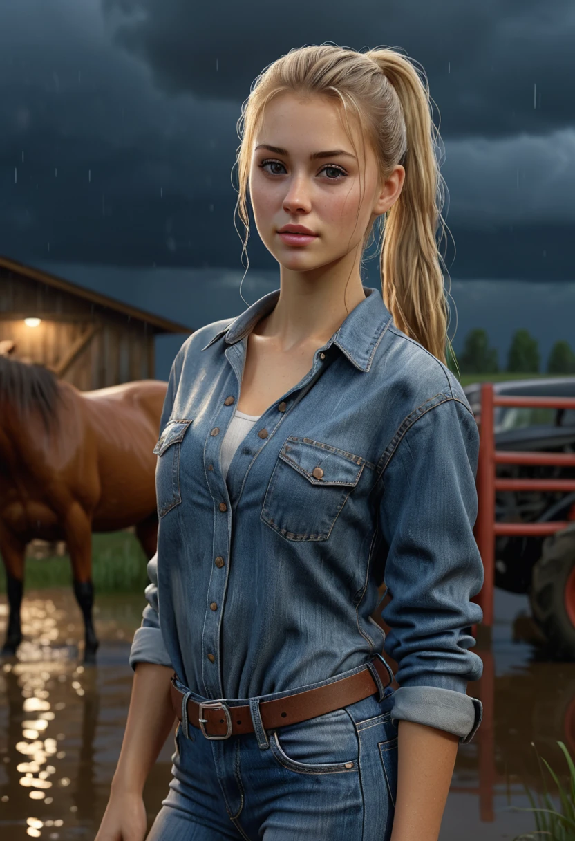 (masterpiece,photorealistic .uhd)farm, ranch, ((night)), cloudy. An ultra hot gorgeous European woman.age 23. wet hair, blond hair, single ponytail, natural makeup, ((Casual wear, jeans)), character in the middle, standing