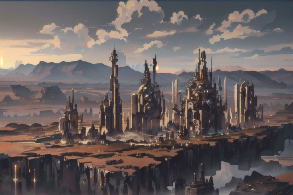 On a plain lined with mountains, there is a thriving steampunk style city surrounded by desolate mountains, desolate plains, distant, mechanical punk style, top-down view, distant view, retro futurism, ultra high definition, 16k, ultra distant view, stone brick streets, a very distant city,
