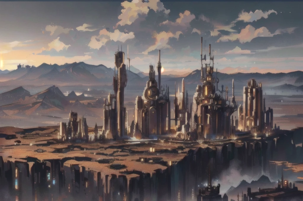 On a plain lined with mountains, there is a thriving steampunk style city surrounded by desolate mountains, desolate plains, distant, mechanical punk style, top-down view, distant view, retro futurism, ultra high definition, 16k, ultra distant view, stone brick streets, a very distant city,