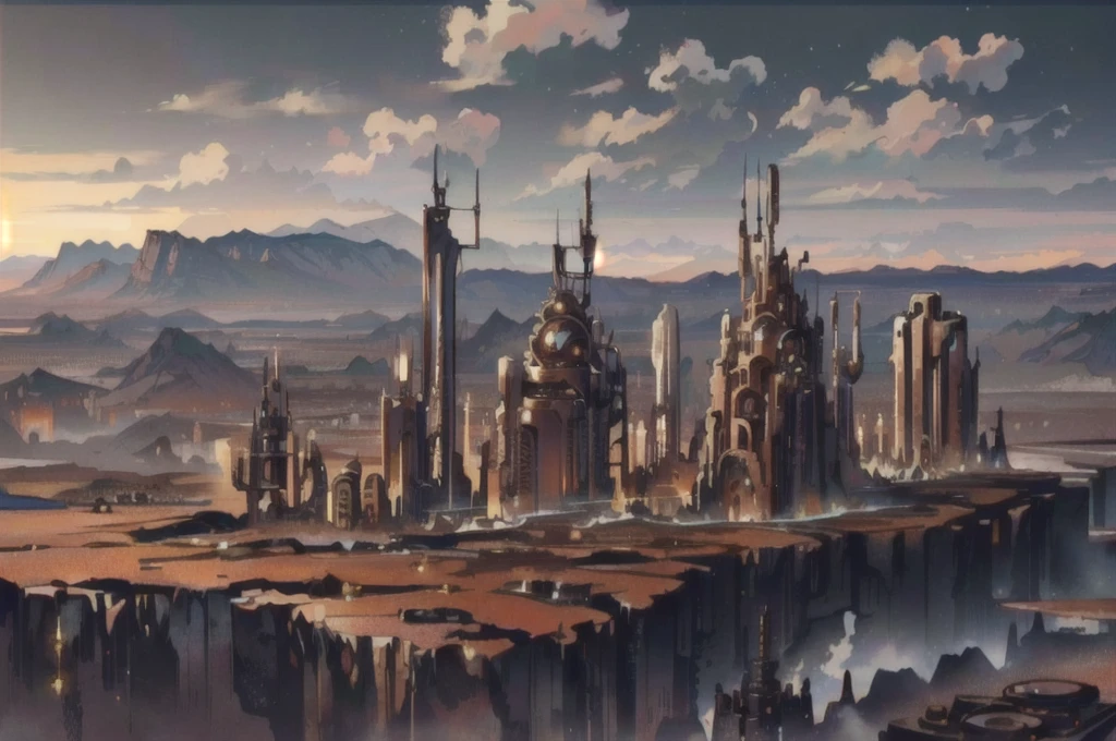 On a plain lined with mountains, there is a thriving steampunk style city surrounded by desolate mountains, desolate plains, distant, mechanical punk style, top-down view, distant view, retro futurism, ultra high definition, 16k, ultra distant view, stone brick streets, a very distant city,
