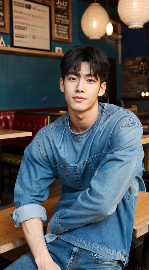 ((realistic daylight)) , Young Korean man in a blue t-shirt Denim shirt, jeans, A handsome, muscular young Asian man looks at the camera. , in the restaurant ,turn sideways, black shoes