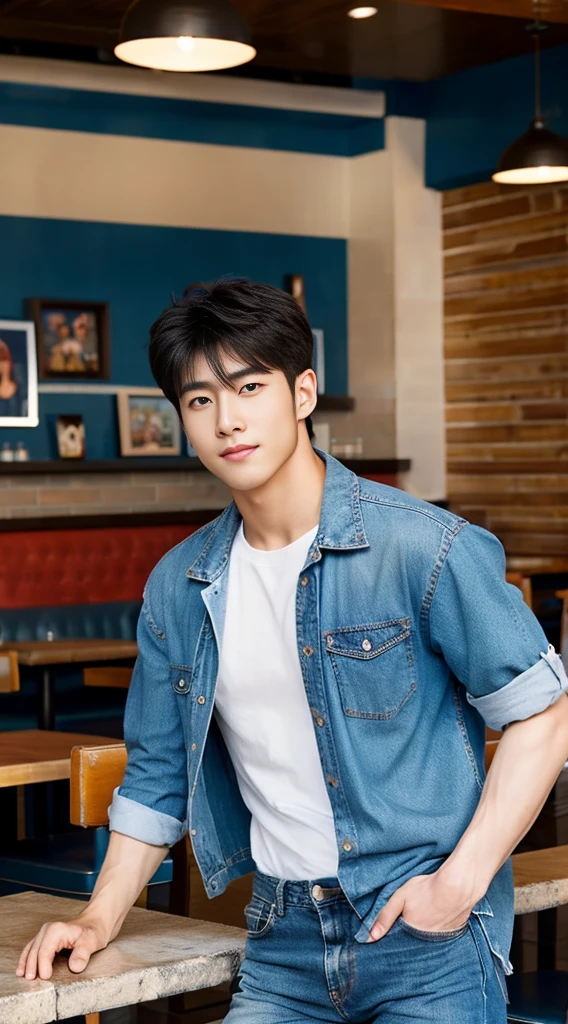 ((realistic daylight)) , Young Korean man in a blue t-shirt Denim shirt, jeans, A handsome, muscular young Asian man looks at the camera. , in the restaurant ,turn sideways, black shoes