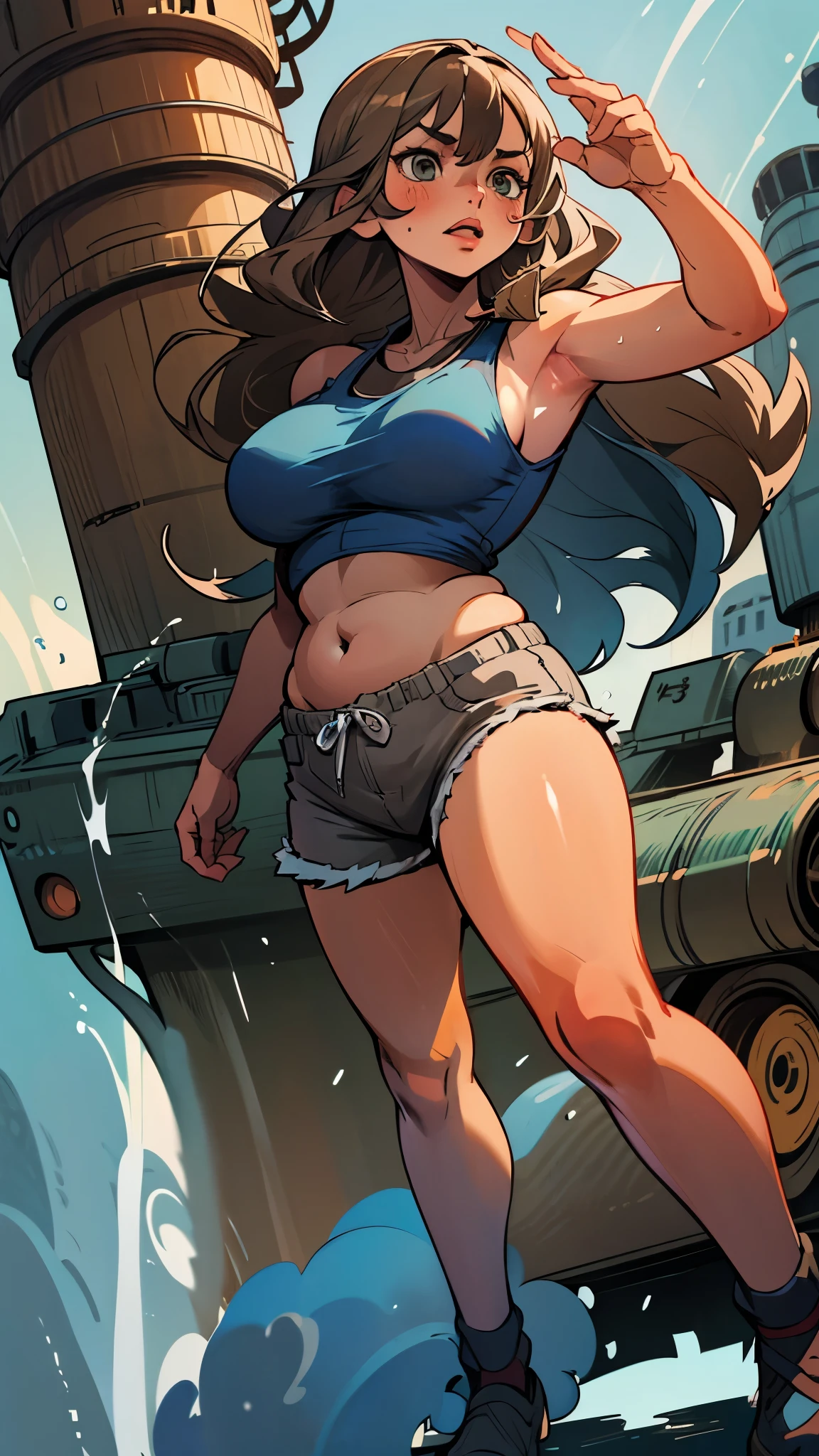 A unique illustrated character with a manga style, featuring long, straight hair in a blend of gray and light brown tones. Her large, expressive eyes are a striking blue, while her nose and plump lips add to her charm. She is wearing a navy tank top that accentuates her figure, giving her a confident and alluring presence.