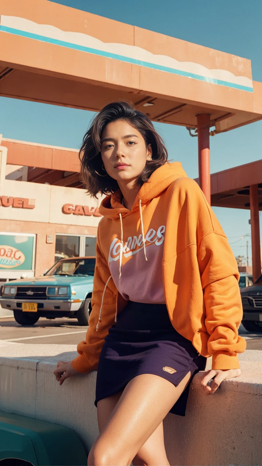 medium cinematic shot portrait, of cute 23 yo girl ,wear ((orange color oversized_hoodie)), wear ((purple tennis skirt)),looking front,Best Quality,Masterpiece,Ultra High Resolution,(Realisticity:1.4),Original Photo, 1Girl, light leak,ultra high resolution,UHD,beautiful, (black bob hair), almond eye, no makeup, in front of ((80's colorful gas station)), (realistic:1.2), (surreal:1.3), (very detailed:1.1), ((masterpiece)),summer, blue sky, palm trees,sunny, los angles vibes,film camera, 800mm lens,style of Philip Lorca diCorcia