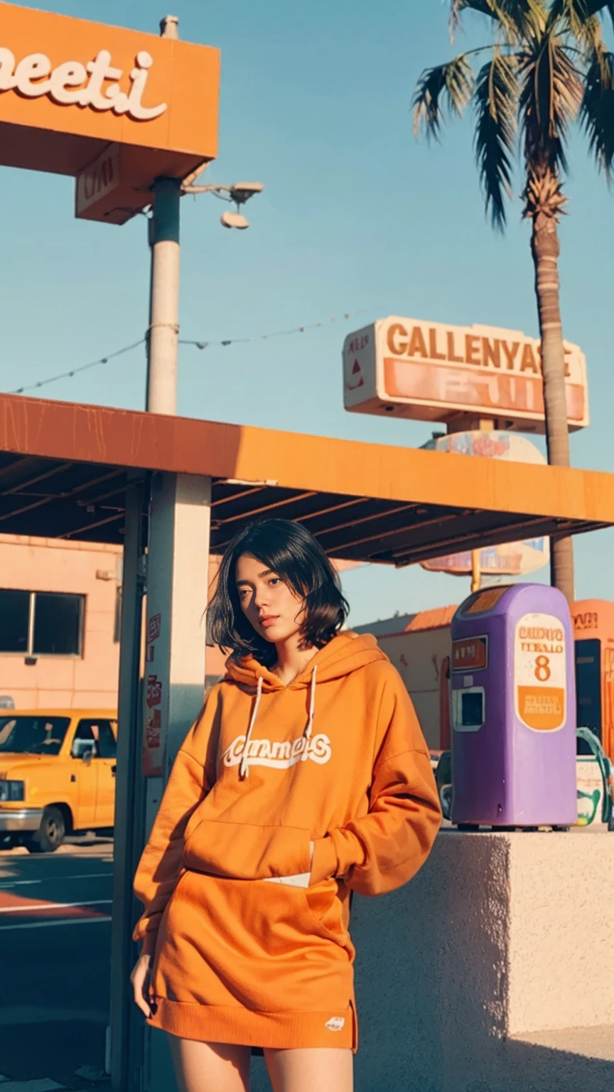 medium cinematic shot portrait, of cute 23 yo girl ,wear ((orange color oversized_hoodie)), wear ((purple tennis skirt)),looking front,Best Quality,Masterpiece,Ultra High Resolution,(Realisticity:1.4),Original Photo, 1Girl, light leak,ultra high resolution,UHD,beautiful, (black bob hair), almond eye, no makeup, in front of ((80's colorful gas station)), (realistic:1.2), (surreal:1.3), (very detailed:1.1), ((masterpiece)),summer, blue sky, palm trees,sunny, los angles vibes,film camera, 800mm lens,style of Philip Lorca diCorcia