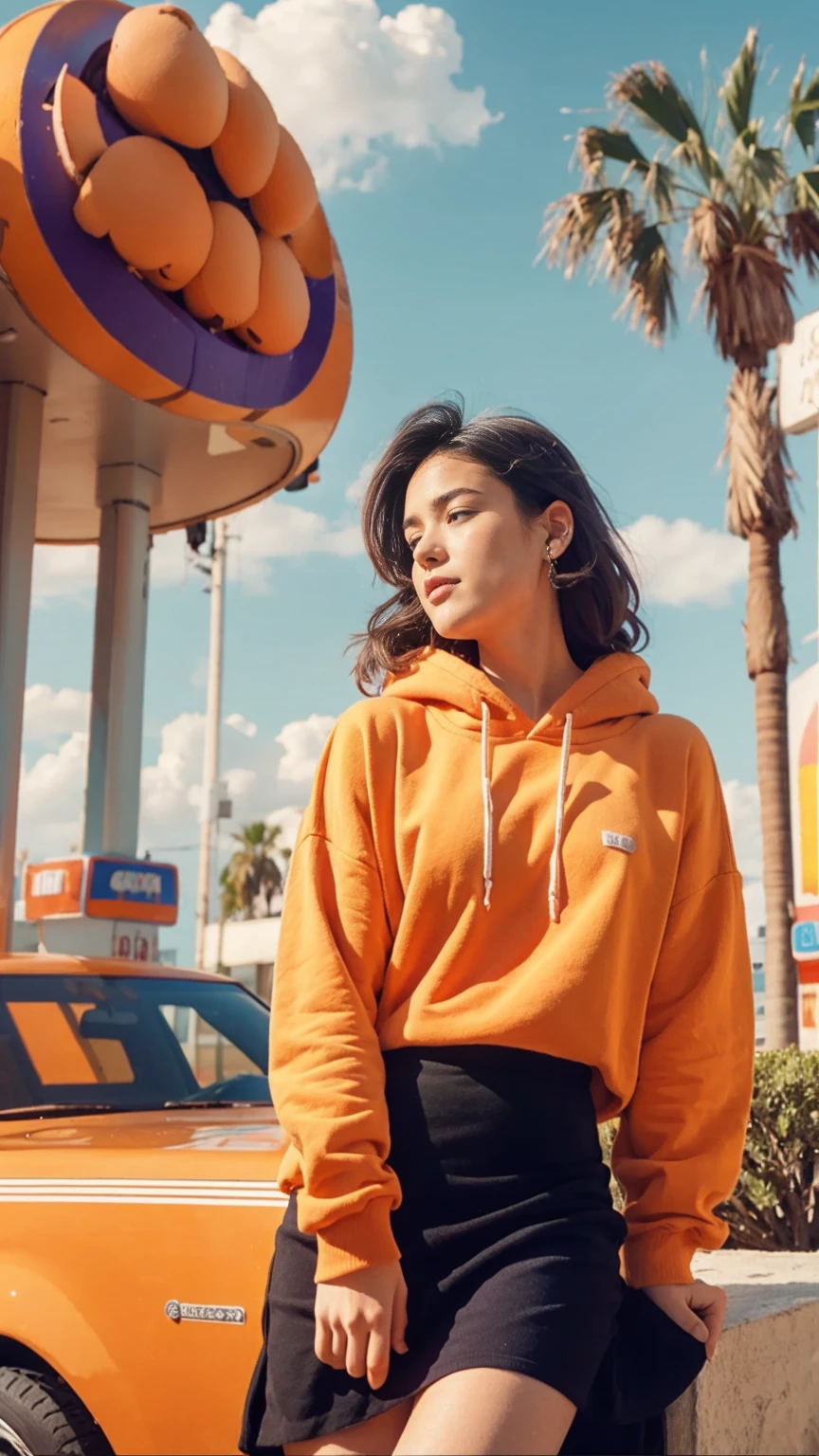medium cinematic shot portrait, of cute 23 yo girl ,wear ((orange color oversized_hoodie)), wear ((purple tennis skirt)),looking front,Best Quality,Masterpiece,Ultra High Resolution,(Realisticity:1.4),Original Photo, 1Girl, light leak,ultra high resolution,UHD,beautiful, (black bob hair), almond eye, no makeup, in front of ((80's colorful gas station)), (realistic:1.2), (surreal:1.3), (very detailed:1.1), ((masterpiece)),summer, blue sky, palm trees,sunny, los angles vibes,film camera, 800mm lens,style of Philip Lorca diCorcia
