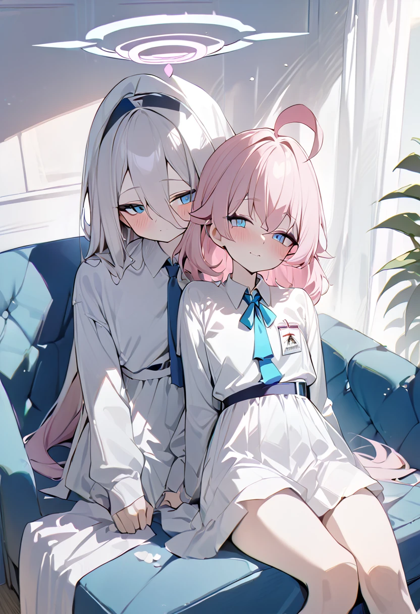 {{2 girls}},masterpiece, best quality, very aesthetic, absurdness, cowboy shot, Lovely, Hoshino (blue archive) and Hina (blue archive) sitting on the couch