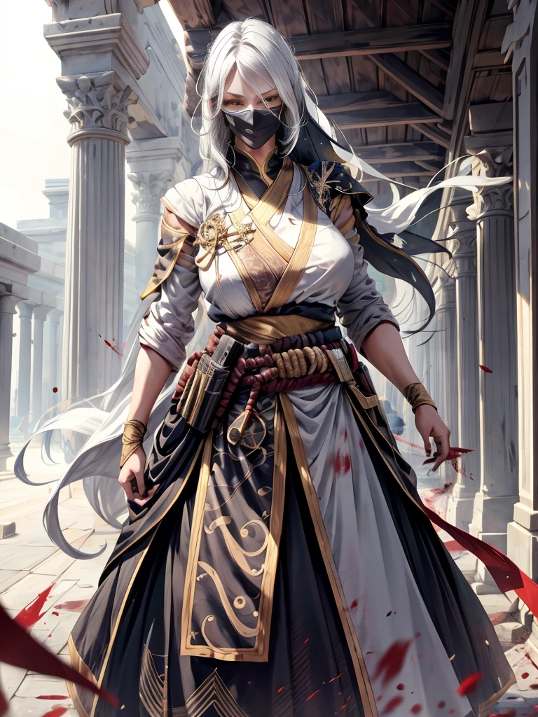 (best quality,highres),tall woman with a big bust smiling towards the camera, removing a black mask with her white hair and yellow eyes, dressed in a white ninja costume with blood stains, holding a gun
