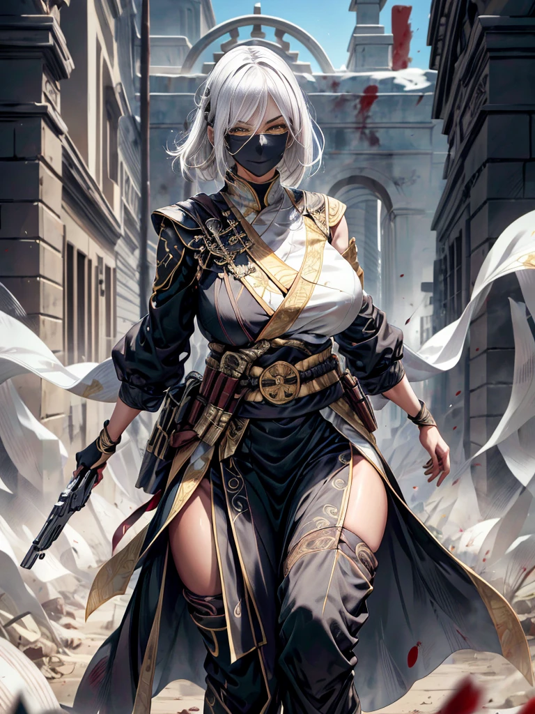 (best quality,highres),tall woman with a big bust smiling towards the camera, removing a black mask with her white hair and yellow eyes, dressed in a white ninja costume with blood stains, holding a gun
