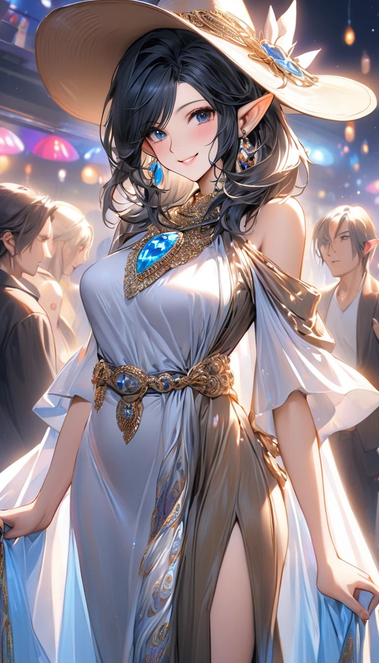 ((highest quality)), ((masterpiece)), (be familiar with), perfect face, gorgeous dress, wide open chest, black hair, rich hair, detailed fingertips, looking here, Upper body, shiny hair, Beautiful smile, white skin, High resolution, glittering costumes, standing position, mature adult woman, elf, pointy ears, Wide-brimmed hat, Put a Paisley scarf around her neck, At the Night club