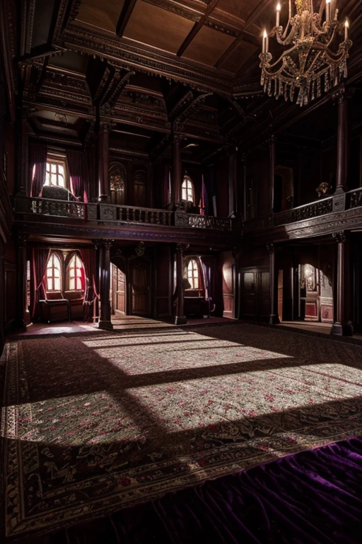 Room in the house from the horror movie Rose Red, victorian mansion, aisle, luxury, extravagant, never, lovely, baroque and excessive decoration, delusional, terrifying, Winchester mansion. Purple and violet and red and green tones