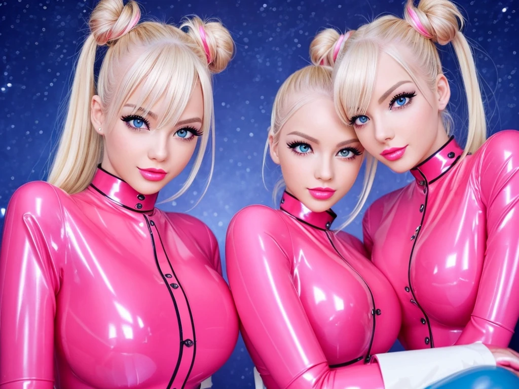 y twin girls,blonde hair,Space buns,pink latex blouse,Butd latex blouse,Detailed latex blouse,blue latex,WHITE latex,Red glossy lacquer PVC shoes,perfect face,Detailed eyes,detailed lips,hands detailed,long eyelashes,big breortrait,high resolution,realistic,Studio lighting,Vivid colors,masterpiece,award winning photo,ultra detailed,