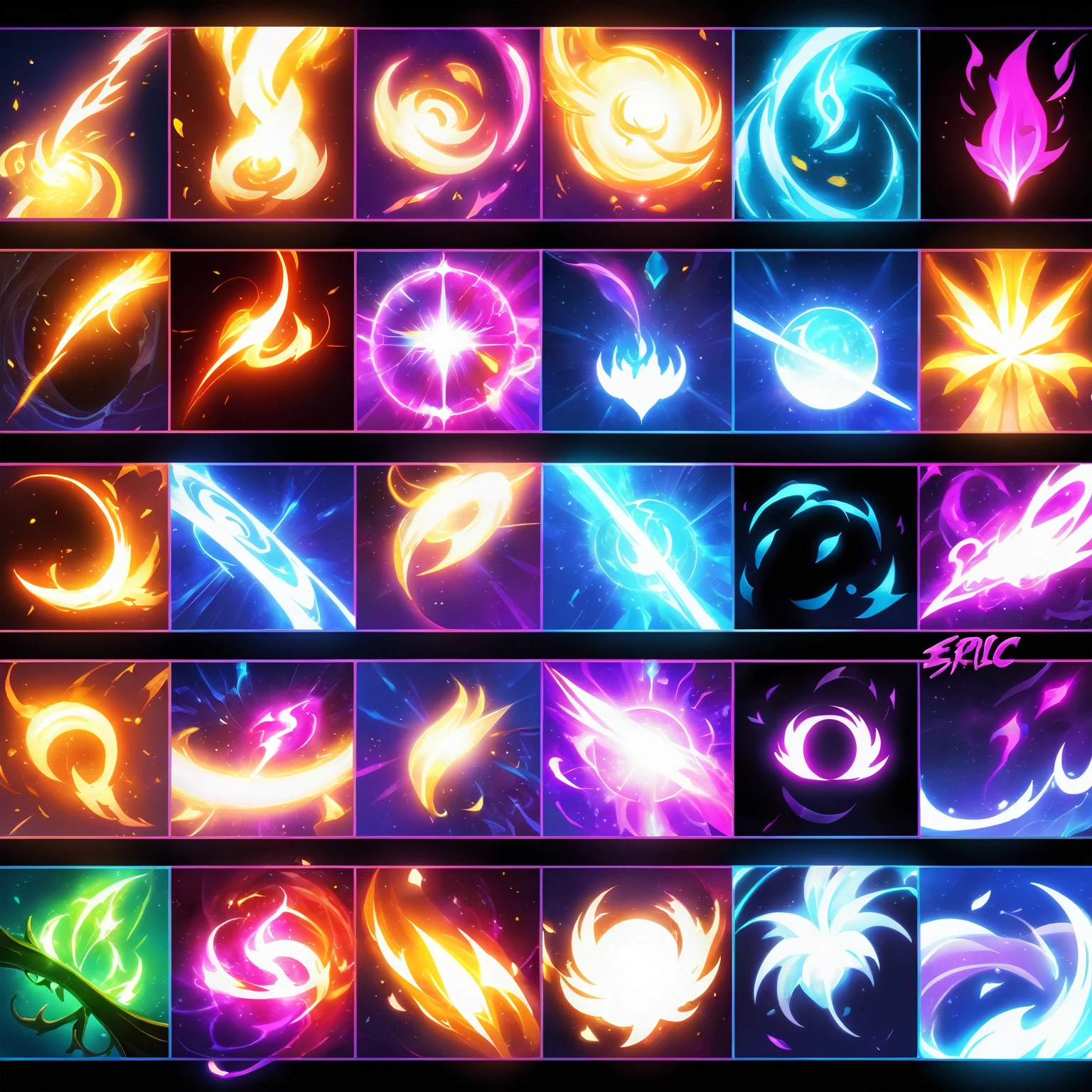 Glowing energy effect, Mysterious art style, Skill Icon,Game assets,King Glory style,Neon glowing spell, Duelist Style, epic lighting effects, blue fire power, Neon glow concept art, Skill competency art, League of Legends Arcane, A set of high quality HD sprites, epic art style, vfx sprite sheet!!!!!