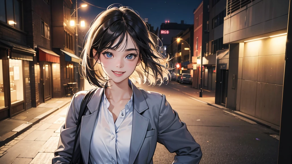 (perfect anatomy:1.2)(absurdres, highres, ultra detailed),masterpiece,best quality,high resolution,8k,Realistic face,Realistic skin texture,magnified textures, stunning clarity,detailed anime girl,(ultra detailed eyes and face),(1 girl:1.5)21years old,she is office worker,,black hair, bob cut,natural make,grey jacket,grey pants,white brouse,sparkling eyes.small nose,roundface,(Plays the acoustic guitar on the street),night,bussines district,she is walking,(looks happy:1.5),feeling freedom,(smile:1.5),(look at viewer),upper body