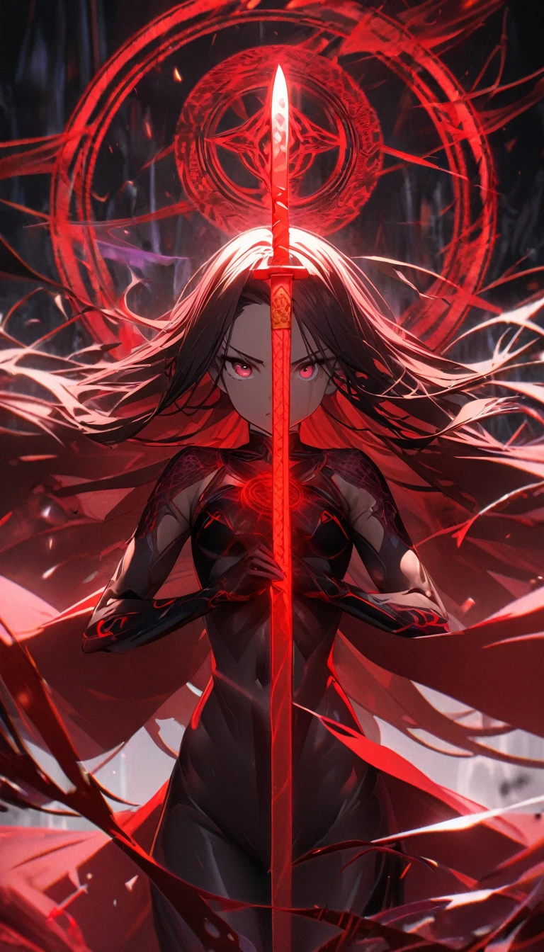 1girl,red curtain hair forehead,small eyes,,long face,glowing katana, japanese ,red glowing eldritch magic circle, serious, perfect body,looking down at the viewer,8k,high definition,