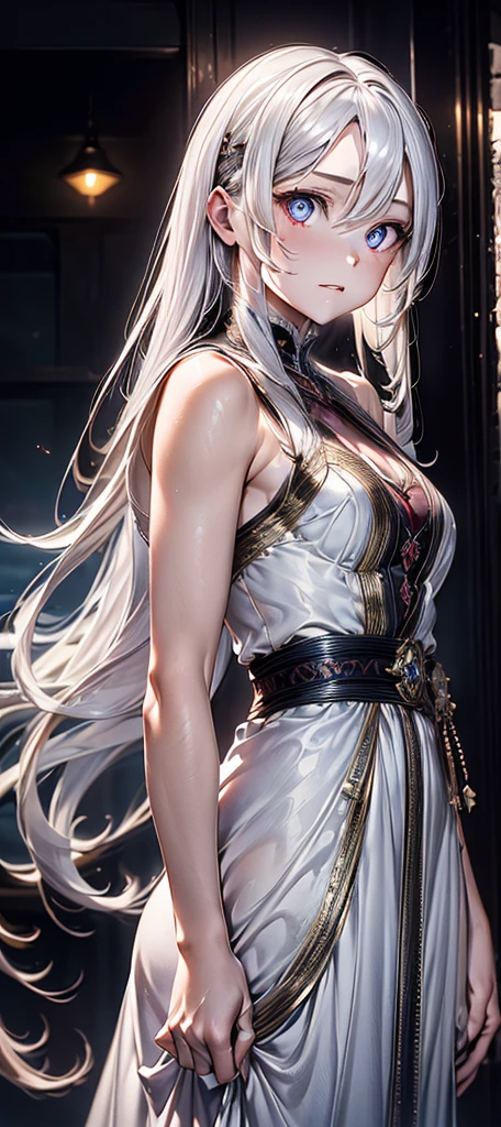 A beautiful woman with long white hair, sexy dress, detailed facial features, high quality, photorealistic, cinematic lighting, dramatic colors, fantasy art