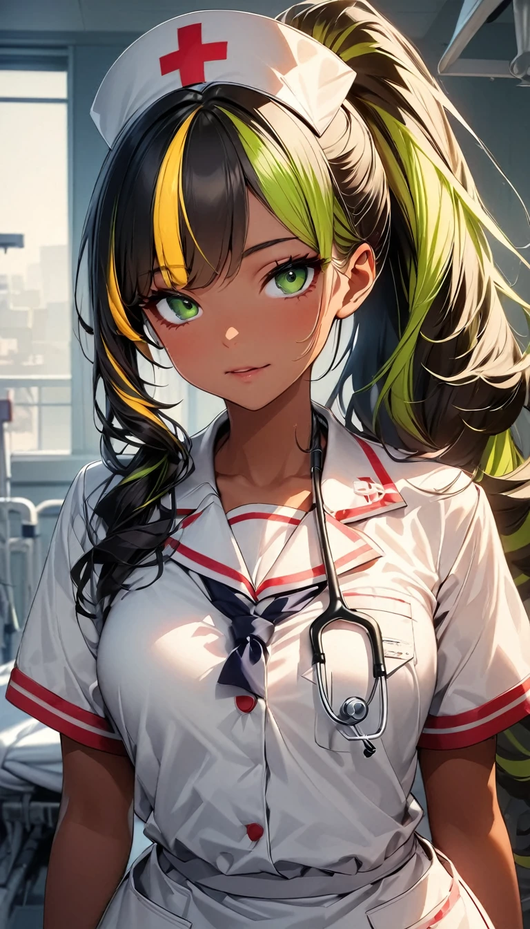 (highest quality:1.2, Very detailed, up to date, Vibrant, Ultra-high resolution, High Contrast, masterpiece:1.2, highest quality, Best aesthetics), Portraiture、girl、((25 years old:1.5)), (slim:1.3), (detailed cloth texture, nurse uniform, nurse cap, nameplate, stethoscope, karte), in hospital, long hair、ponytail, white and yellow green ((streaked hair:1.6)), highlights hair: 1.5, (small breast,:0.6) (tan skin:1.1), Bright colors、Beautiful fine details、Beautiful lip detail、cowboy shot, look at viewer