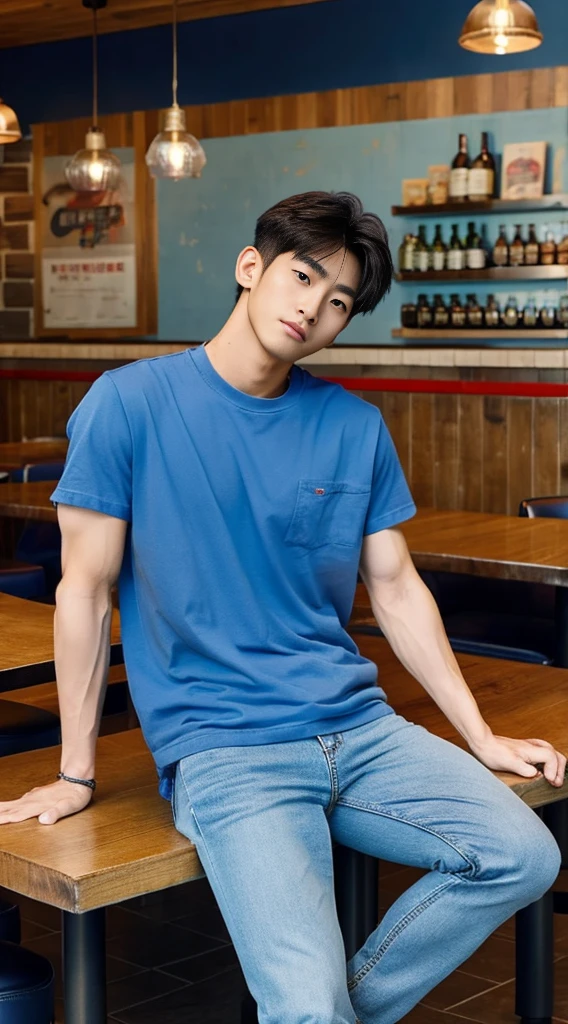 ((realistic daylight)) , Young Korean man in a blue t-shirt Denim shirt, jeans, A handsome, muscular young Asian man looks at the camera. , in the restaurant ,turn sideways, black shoes