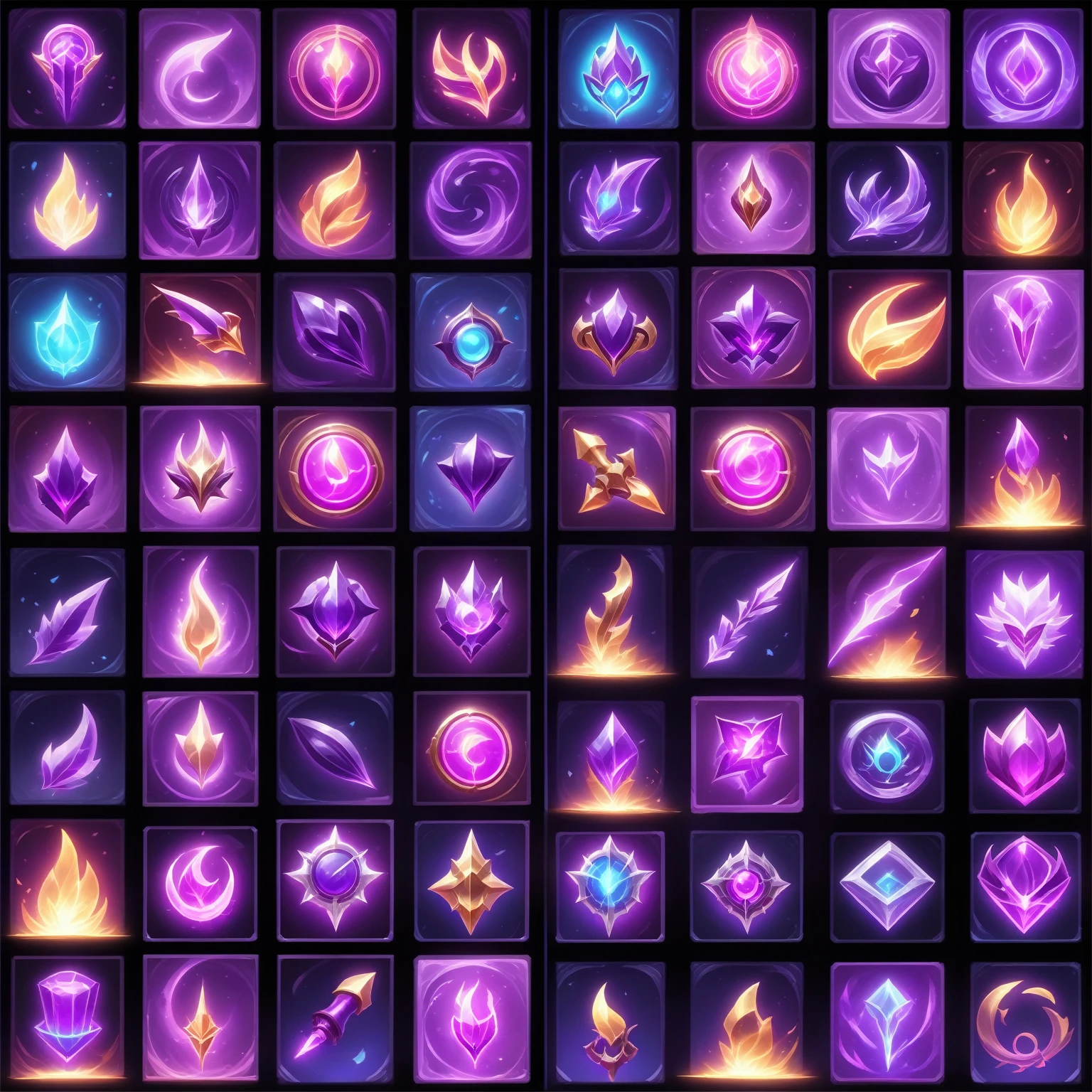 Game Icon Assets, League of Legends Inventory Items, arcane league of legends, Neon glowing spell, League of Legends Arcane, Glowing energy effect, RPG Inventory Items, Arcane Bomb, Lightning Mage spell icon, Purple flames surrounding the magic arena, Fantasy game spell icons